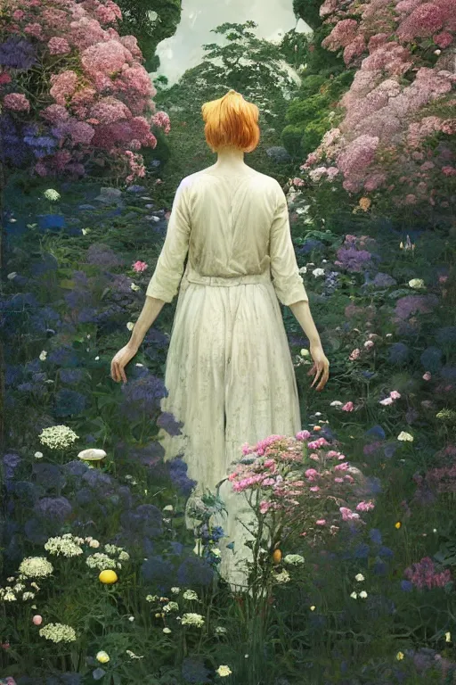 Prompt: beautiful woman with her back turned, in a garden, imperil, beauty portrait by greg rutkowski, hilma af klint, moebius, victo ngai, sharp focus, global illumination, highly detailed, masterpiece, award winning, post processing