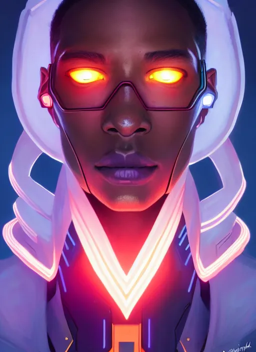 Image similar to symmetry portrait of baptiste from overwatch, sci - fi, tech wear, glowing lights intricate, elegant, highly detailed, digital painting, artstation, concept art, smooth, sharp focus, illustration, art by artgerm and greg rutkowski and alphonse mucha