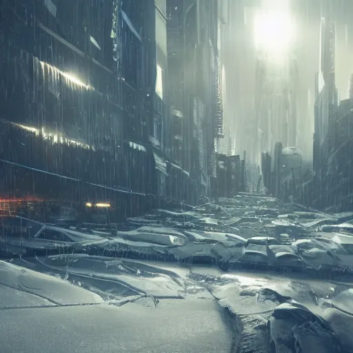 Image similar to Cyberpunk apocalyptic winter landscape, ice, snow storm, distant planet, hypermaximalistic, high details, cinematic, 8k resolution, beautiful detailed, insanely intricate details, artstation trending, octane render, unreal engine