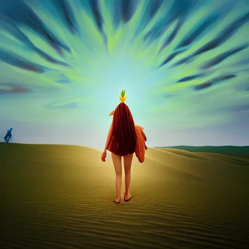 Image similar to closeup giant dahlia flower over head, a girl walking between dunes, surreal photography, sunrise, blue sky, dramatic light, impressionist painting, digital painting, artstation, simon stalenhag