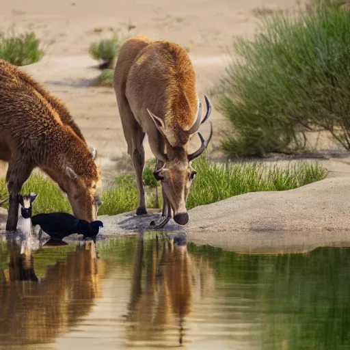 Prompt: animals drinking at a desert oasis