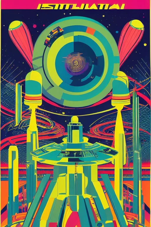 Image similar to a 8 0 s art deco poster with the interior of an international space station fuill of electronic equipment, poster art by milton glaser, kilian eng, moebius, behance contest winner, psychedelic art, concert poster, poster art, maximalist