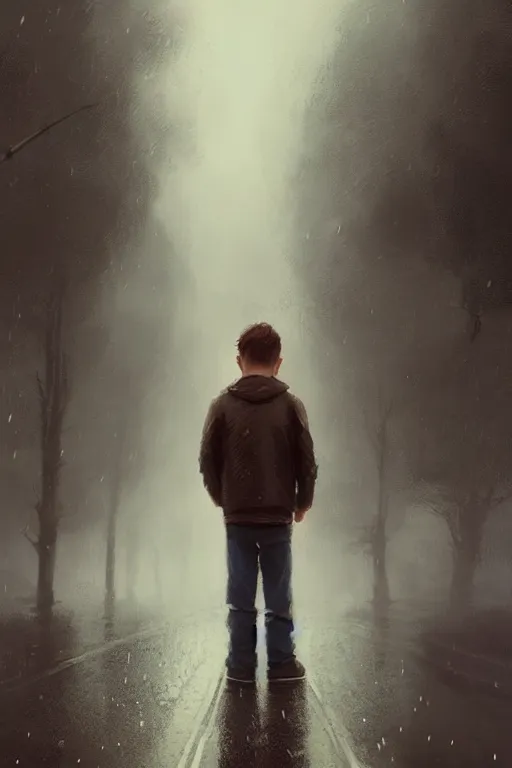 Image similar to Full body portrait of a short, overweight teenage boy, medium length brown hair and fringe, not intelligent, standing in road, rainy wet day, cinematic lighting, by Jordan Grimmer and Wojtek Fus and greg rutkowski, Trending artstation, cinematográfica, digital Art