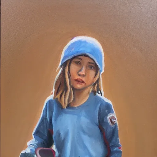 Image similar to girl playing skateboard, oil painting