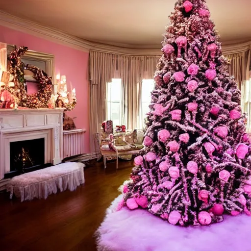 Image similar to pink palace at Christmas trees, Victorian mansion, thousands of pink roses, landscape, cinematic lighting, norman rockwell, snow coming through windows