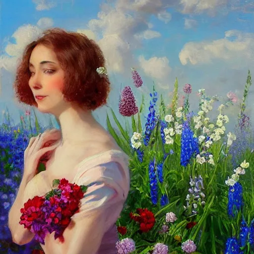 Image similar to a portrait of a romantic woman with flowers grow out of hair, roses peonies forget-me-nots dahlias lupins gladioli, sky theme in background, by Alexandr Averin, Digital Art, Trending on artstation