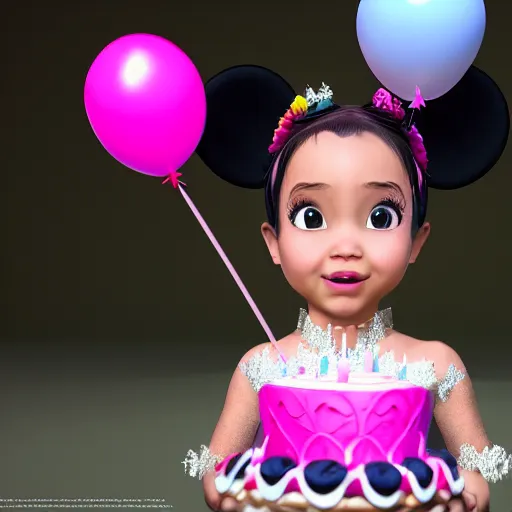 Prompt: a closeup photorealistic photograph of disney princess sophia at her birthday holding balloons and eating cake. brightly lit scene. this 4 k hd image is trending on artstation, featured on behance, well - rendered, extra crisp, features intricate detail, epic composition and the style of unreal engine.