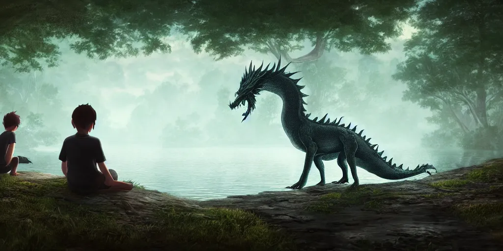 Image similar to a big silver dragon and a boy sitting next to lake in forest, many fireflys, at night, concept art, dof, cryengine, digital art, detailed background, makoto shinkai