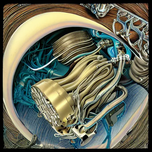 Prompt: a ghost inside metallic anatomical spaguettis magnesium with integrated internal combustion engine pistons and exposed wires album cover by roger dean 4k H- 1024 n-4