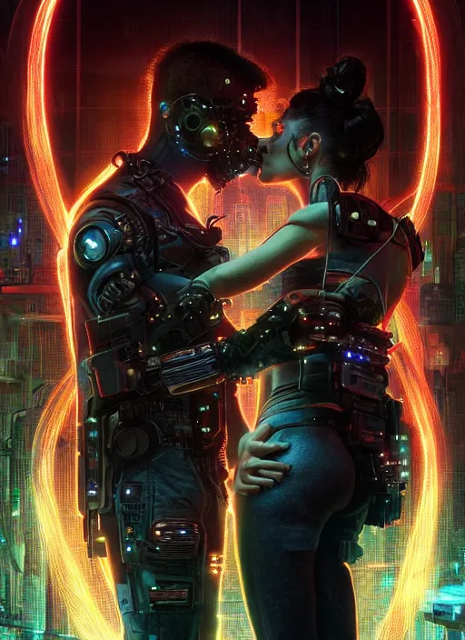 Image similar to cyberpunk, sci - fi, fantasy, ultra realistic medium shot of a couple of cyborgs kissing, lovers, joined by cables, backlight, led, unreal engine, octane render, soft light, night, highly detailed, digital painting, concept art, sharp focus, illustration, art by artgerm and greg rutkowski and alphonse mucha