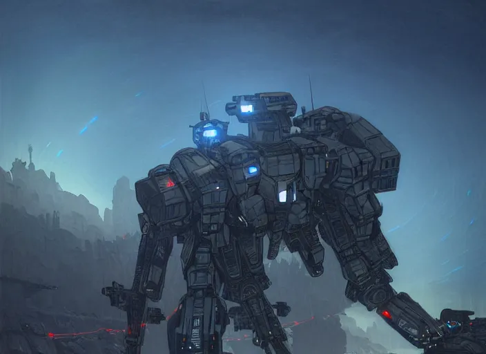 Image similar to an armored core v, ; scifi, booster flares, legs, laser rifles, karst landscape, outdoor, dark blue sky, cloud, wilderness ground, glowing lights intricate elegant, highly detailed, digital painting, artstation, concept art, smooth, sharp focus, thin glowing wires, illustration, art by artgerm and greg rutkowski and alphonse mucha, singularity