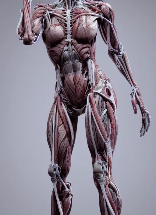 Image similar to a full body sculpture of anatomical female detailed cyborg, veins, ceramic base, orthographic, studio lighting