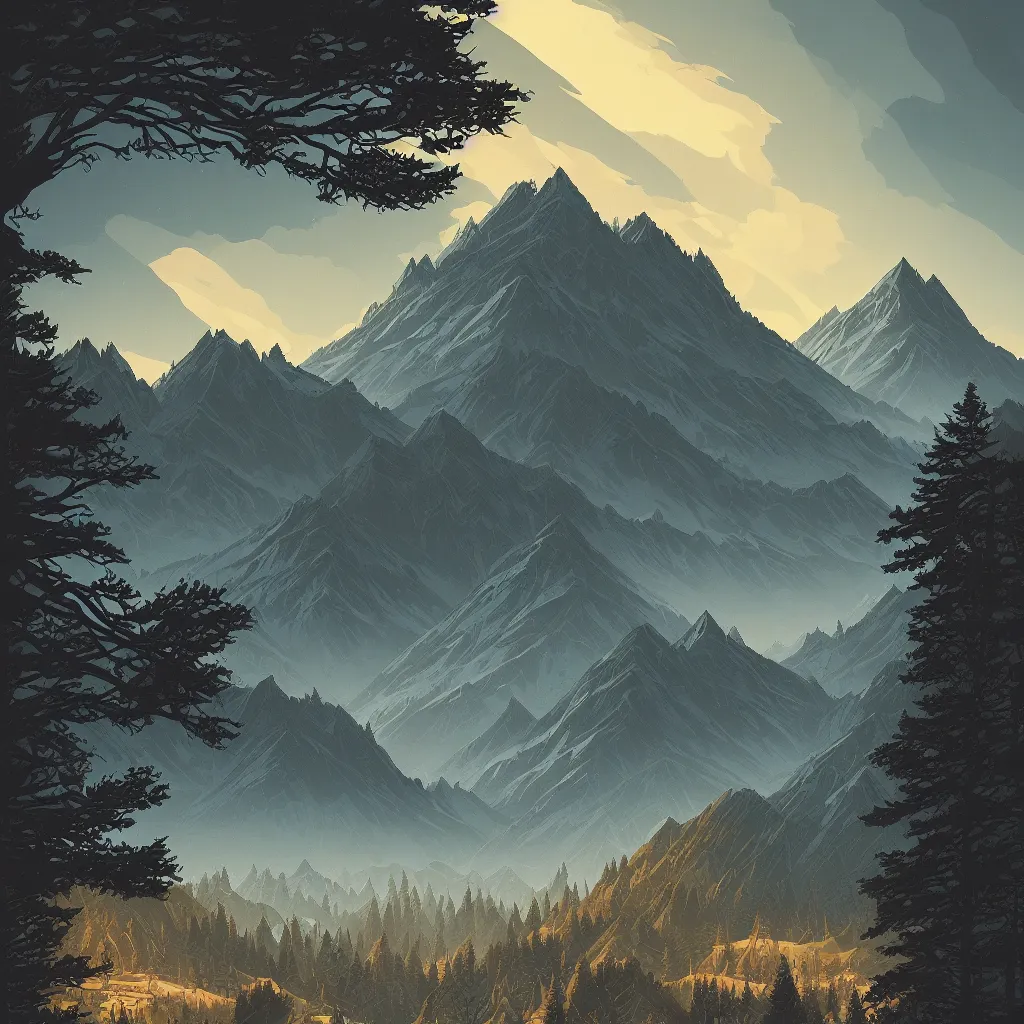 Image similar to a beautiful landscape with trees and mountains, by dan mumford, artstation, behance, highly detailed, concept art, dramatic lighting, minimalist