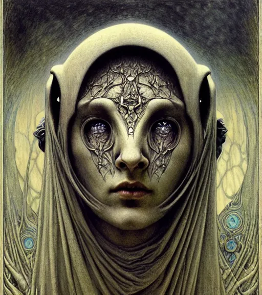 Prompt: detailed realistic beautiful young medieval alien robot grimez face portrait by jean delville, gustave dore and marco mazzoni, art nouveau, symbolist, visionary, gothic, pre - raphaelite. horizontal symmetry by zdzisław beksinski, iris van herpen, raymond swanland, zaha hadid and alphonse mucha. highly detailed, hyper - real, beautiful