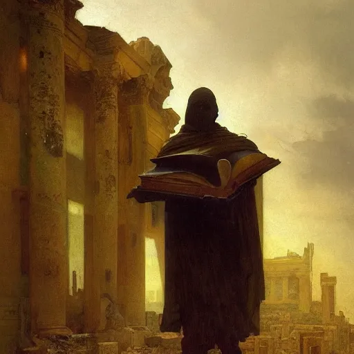 Prompt: half portait of magican wearing a closed cowl and carrying big old book! jeremy mann, jean leon gerome, tiepolo, alphonse mucha, greg rutkowski, face in the shadows, ( ( ruins of ancient rome ) ), at dusk, mysterious atmosphere, sunrays, dof, masterpiece, high detailed, 8 k