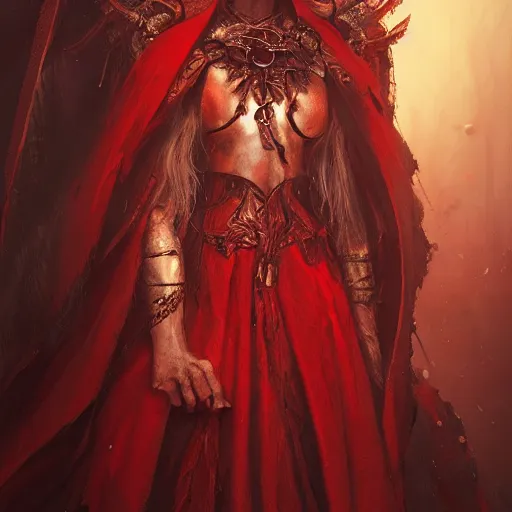 Prompt: a beautiful portrait of an ancient elderly necromancer queen, embers, skeletal, red-fabric, red-eyes, no-smoke!!!!!!, by Greg Rutkowski and Raymond Swanland, Trending on Artstation, ultra realistic digital art