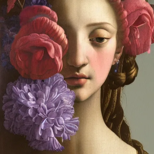 Prompt: a closeup portrait of one beautiful young goddess with a wall of flowers behind her, painted by botticelli, diego velazquez and rachel ruysch and vermeer and ambrosius bosschaert, swirling coloured hair, hyperrealism, dark, dramatic lighting, analogous complementary colour scheme, trending in artstation, octane, rendered