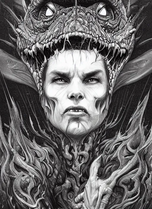 Image similar to a dream portrait of a anthropomorphic dragon spitting fire, black & white, melting, webbing, 8 k, by tristan eaton, stanley artgerm, tom bagshaw, greg rutkowski, carne griffiths, ayami kojima, beksinski, giger, trending on deviantart, face enhance, hyper detailed, minimalist, horror, alien