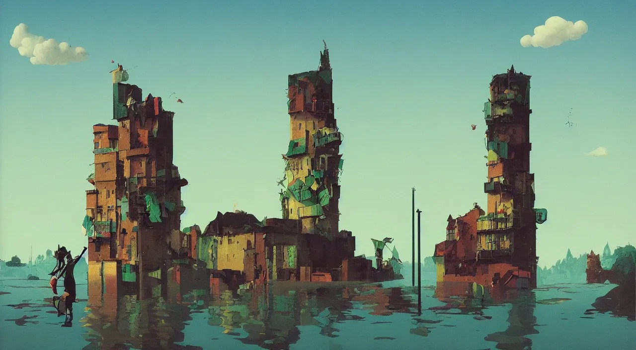 Prompt: single flooded simple deformed tower, very coherent and colorful high contrast!! masterpiece by rene magritte simon stalenhag carl spitzweg syd mead norman rockwell edward hopper james gilleard, minimalist, dark shadows, sunny day, hard lighting