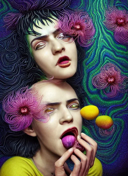 Image similar to hyper detailed 3d render like a Oil painting - Ramona Flowers with wavy black hair wearing thick mascara seen sticking her tongue out Eating of the Strangling network of colorful yellowcake and aerochrome and milky Fruit and Her staring intensely delicate Hands hold of gossamer polyp blossoms bring iridescent fungal flowers whose spores black the foolish stars by Jacek Yerka, Mariusz Lewandowski, silly face, Houdini algorithmic generative render, Abstract brush strokes, Masterpiece, Edward Hopper and James Gilleard, Zdzislaw Beksinski, Mark Ryden, Wolfgang Lettl, Dan Hiller, hints of Yayoi Kasuma, octane render, 8k