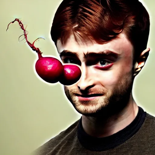 Image similar to hybrid of daniel radcliffe and a!! radish!!, film still,!! red skin!!,!! leaf ears!!, professional makeup, unreal engine 5, render, seeds, 8 k, trending on artstation