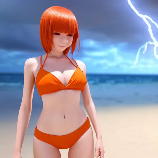 Image similar to render as a very beautiful 3d anime girl, short orange red hair, hazel eyes, full round face, short smile, white silver bikini, serene beach setting, cinematic lightning, medium shot, mid-shot, highly detailed, trending on Artstation, Unreal Engine 4k, cinematic wallpaper