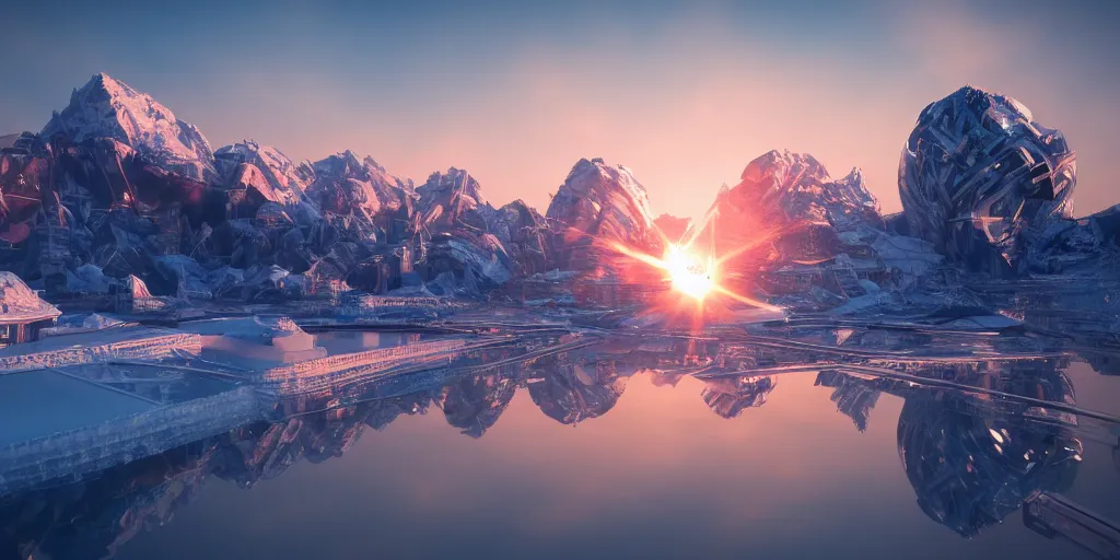 Prompt: futuristic reflective ice city, sunset glowing off a mountain in background, ray tracing, refractive, award winning, trending on artstation, digital art. highly detailed 8 k. intricate. lifelike. soft light. nikon d 8 5 0.