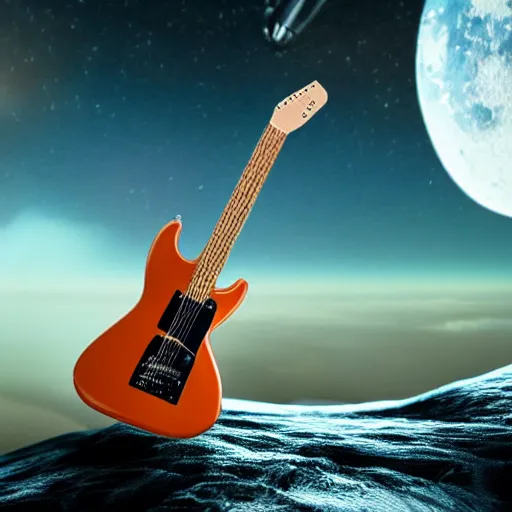 Prompt: photo of a detailed, realistic, regular sized, sitting idle fender electric guitar. a sitting idle beer can. an astronaut sitting down on the moon surface. detailed photo. realistic photo. cinematic. cinematic shot