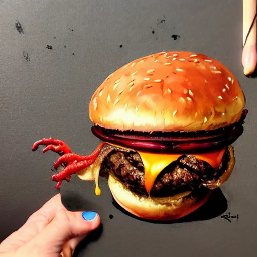 Image similar to hyper realistic hamburger as a xenomorph, painted by greg rutkowski