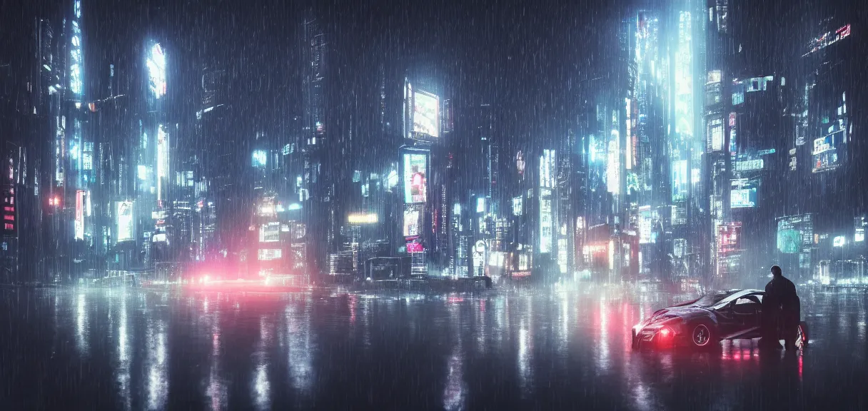 Image similar to shot of the roof with single man sitting on the edge during rain, below impressive cyberpunk night city during great rainy storm with lightning, nightscape, futuristic architecture, realistic photo, neons, blade runner, akira style, cinematic lighting, cinematic angles