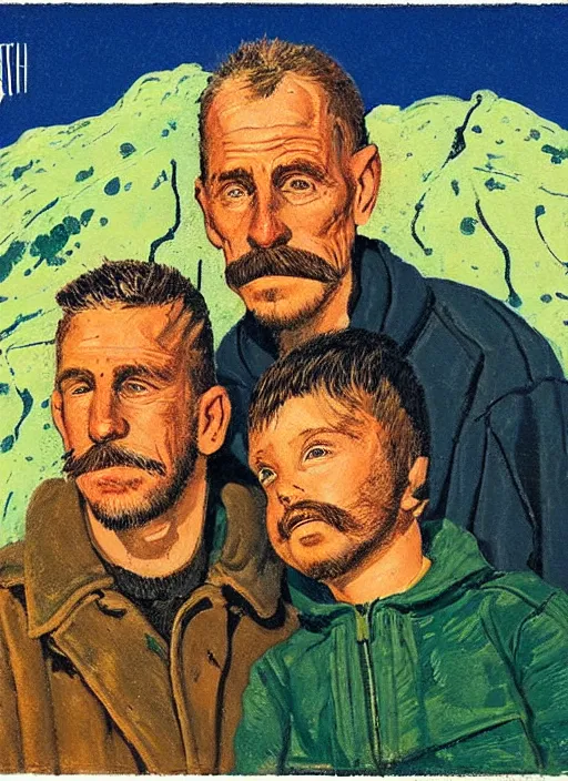 Prompt: an extreme close - up portrait of a man and his brother in a scenic representation of mother nature and the meaning of life by billy childish, thick visible brush strokes, shadowy painting by beal gifford, vintage postcard illustration, minimalist cover art by mitchell hooks