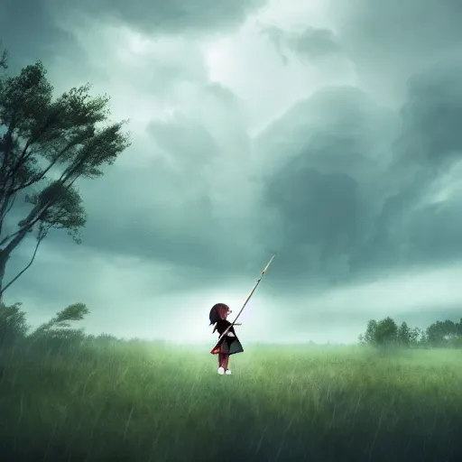 Prompt: young girl playing flute, birch forest clearing, storm at night, lightning dragons attack, low angle facing sky, cinematic, dramatic lighting, big storm clouds, high contrast, artstation, ghibli, hosada