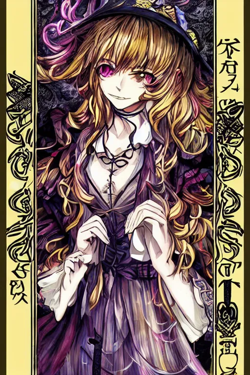 Image similar to marisa kirisame, touhou project, official artwork, intricate, amazing line work, colorful, tarot cards, the devil tarot card