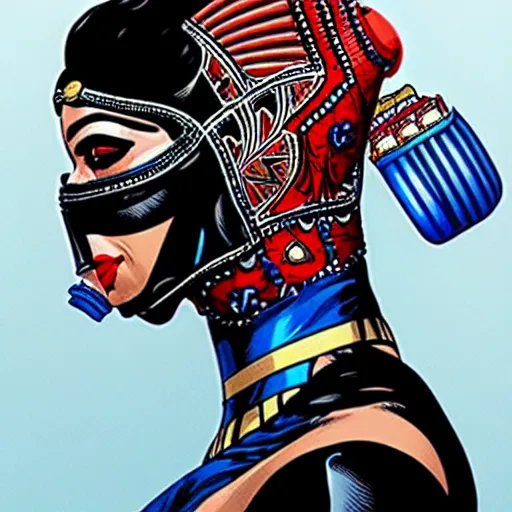 Image similar to a profile photo of a egyptian woman with a diving mask with side profile blood in ocean intricate details by MARVEL comics and Sandra Chevrier-C