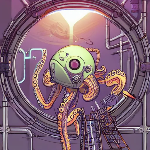 Image similar to robotic Octopus in an airlock, Industrial Scifi, detailed illustration, character portrait, by Martin Grip and Moebius