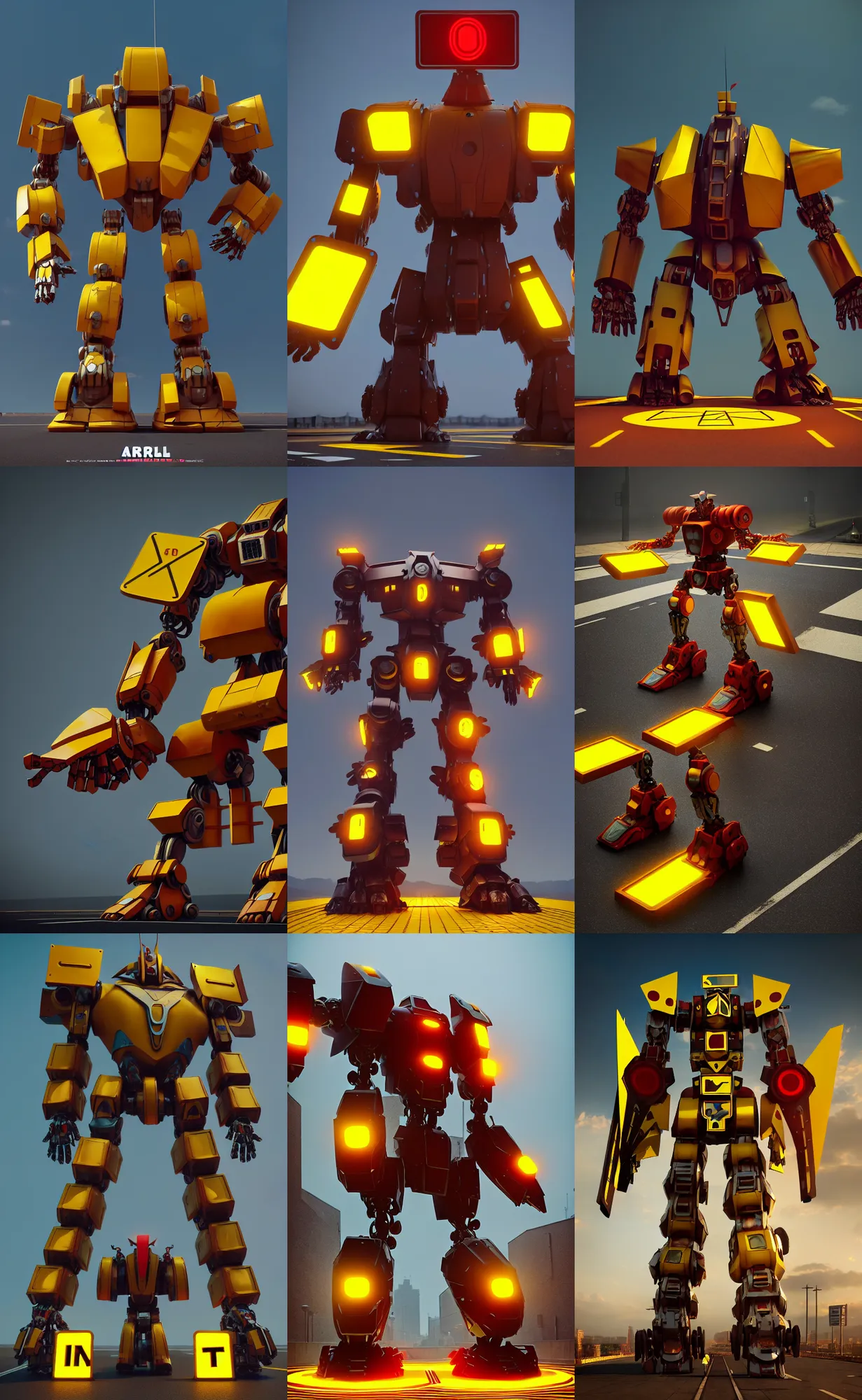 Prompt: giant mecha gladiator made of yellow road signs and a red stop sign on its head, character design trending on artstation, mecha, unreal engine, octane render, detailed model, hardsurface modelling, epic battle