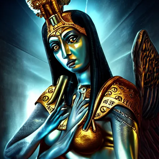 Image similar to photorealitic portrait of goddess isis with god anubis in death, shdows and souls backgroug. digital art high definition, spiritual and awakening regards, 8 k, detailed, octane render, sci - fi, cyberpunk, neon glow, fantasy