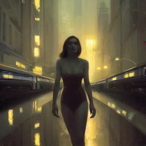 Image similar to detailed portrait of a woman, moment, chillwave elevated train, electronic billboards, tech noir, wet reflections, atmospheric, ambient, livia prima, greg rutkowski, edward hopper, pj crook