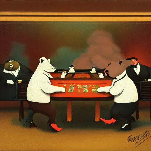 Image similar to fat animals gambling at a table with a single light overhead, dark room, smoke fills the room, roaring 2 0 s american art style