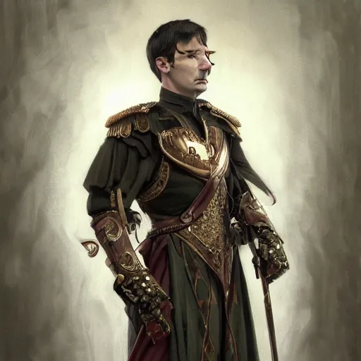 Image similar to portrait of stoic looking john oliver as in the vigo carpathian painting, military uniform, fantasy, intricate, elegant, beautiful, highly detailed, charcoal, centered, dark, smokey, full body,, 4 k, digital painting, artstation, concept art, smooth, sharp focus, illustration, art by artgerm and greg rutkowski and alphonse mucha