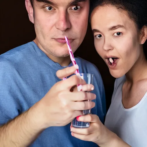 Image similar to two people. one is drinking out of a straw, from the empty dark eye socket of another person