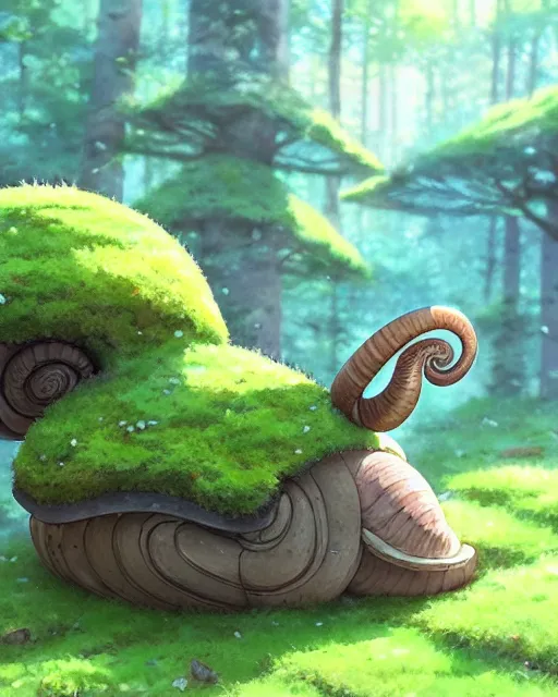 Prompt: a cute large snail with a shell made of stone and moss, lush aspen forest, great detail, epic composition, top down angle ， by makoto shinkai an krenz cushart