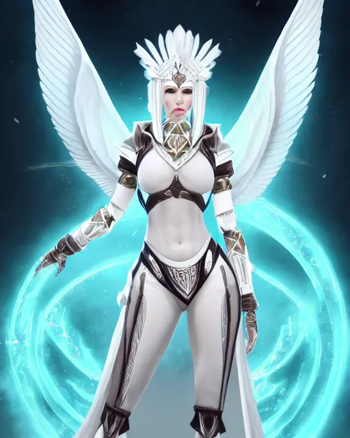 Prompt: attractive white haired egyptian queen wearing white dove wings, warframe armor, regal, attractive, ornate, sultry, sexy, benevolent, elize theron, pretty face, green eyes, scifi platform, 4 k, ultra realistic, epic lighting, illuminated, cinematic, black gold, art by akihito tsukushi, voidstar, artgerm