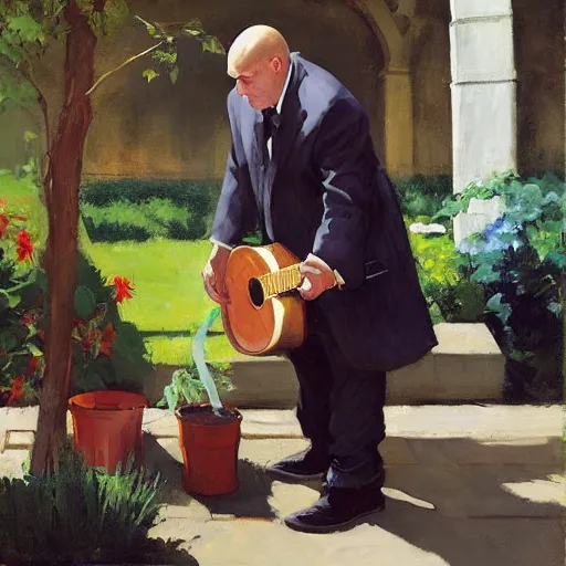 Prompt: a portrait of agent 4 7 from hitman dressed as a gardener playing a guitar in a monestary next to an elderly priest, by gregory manchess, james gurney, james jean