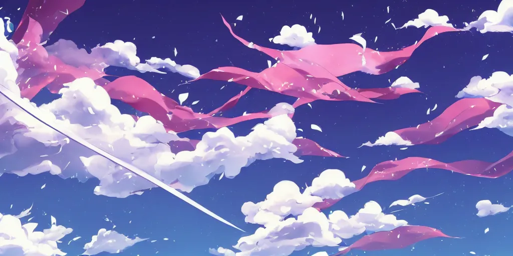 Prompt: background art of flying longswords flowing and floating through the slicing through directional wind on a simple cloudy sky background, big puffy clouds, large individual rose petals, angular background elements, polygonal fragments, anime, studio ghibli, artgerm, manga, trending on artstation, art nouveau, mature color scheme