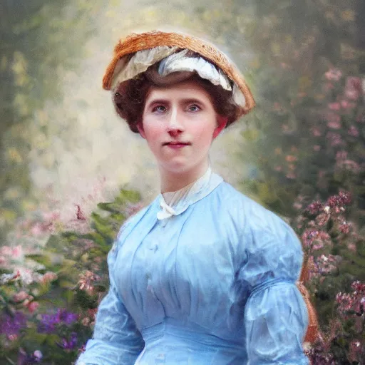 Prompt: portrait painting of a lady wearing a light blue dress 1 9 0 0 s, light, airy, garden, photorealistic, extreme detail, sharp focus, 8 k, intricate, hyper detailed, realistic, cinematic lighting