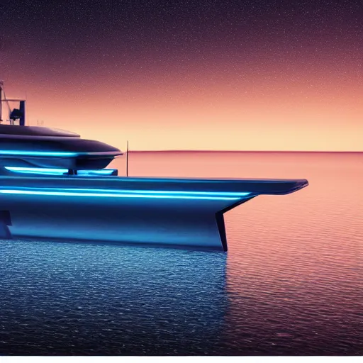 Prompt: a futuristic sea cruiser sitting on a placid sea at night with the milky way above, sleek, aerodynamic, cabin lights, reflections, detailed, cgi, octane render, two men sitting on the bow