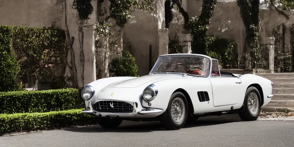 Image similar to photograph, 1958 FERRARI 250 GT, cabriolet, by Peter Singhof, press release, cinematic, PCH, 8k, depth of field, bokeh. rule of thirds