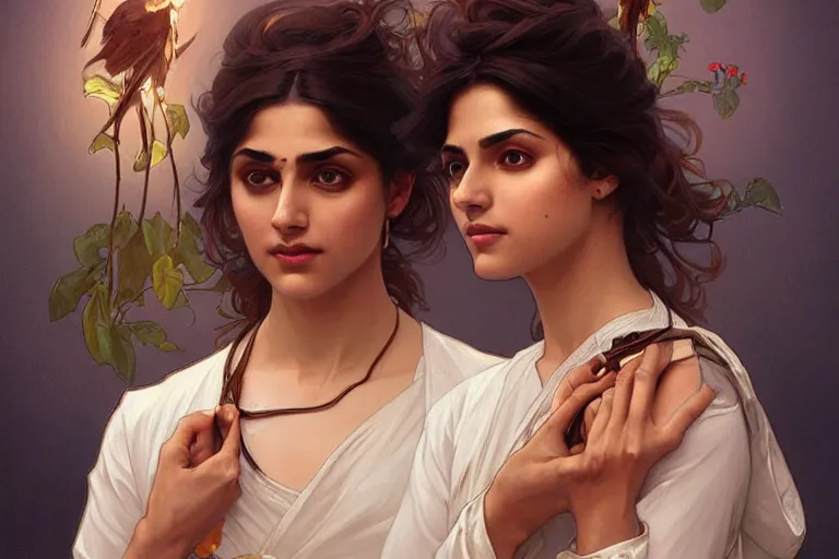 Image similar to Anxious good looking pale young Indian doctors arguing, portrait, elegant, intricate, digital painting, artstation, concept art, smooth, sharp focus, illustration, art by artgerm and greg rutkowski and alphonse mucha