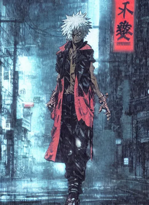 Prompt: Noi from Dorohedoro standing on the street, anime, rain, fog, artstation, trending on Yoji Shinkawa style